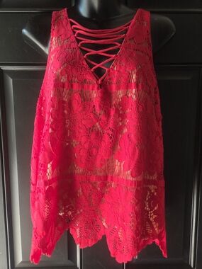 Express Red Lace Tank w/ Lace-Up Neckline